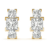 Yellow gold Three-Stone Princess Cut Channel Set Earrings with Bar Prong Setting