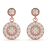 Rose gold Round Halo Diamond Drop Earrings with Milgrain Bezel Setting