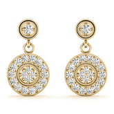 Yellow gold Round Halo Diamond Drop Earrings with Milgrain Bezel Setting