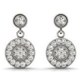 White gold Round Halo Diamond Drop Earrings with Milgrain Bezel Setting