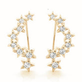 Yellow gold Star Cluster Diamond Crescent Earrings with Round Cut Stones on a Curved Band and Prong Setting