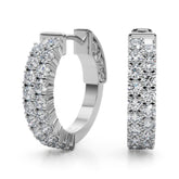 White gold Pave Round Diamond Hoop Earrings with Channel Band and Shared Prong Setting
