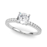 Silver Cushion Solitaire Diamond with Pavé Band and Four-Prong Setting