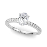 Silver Oval Solitaire Diamond with Pavé Band and Four-Prong Setting