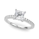 Silver Princess Solitaire Diamond with Pavé Band and Four-Prong Setting