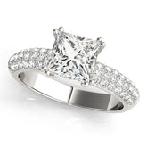 White gold Princess Cut Pave Diamond Engagement Ring with Channel Set Band and Four-Prong Setting