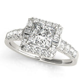 White gold Princess Cut Halo Diamond Engagement Ring with Pavé Band and Four-Prong Setting