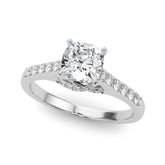Silver Cushion Solitaire Diamond Ring with Pavé Band and Four-Prong Setting