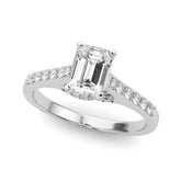 Silver Emerald Solitaire Diamond Ring with Pavé Band and Four-Prong Setting