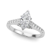 Silver Marquise Solitaire Diamond Ring with Pavé Band and Four-Prong Setting