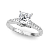 Silver Princess Solitaire Diamond Ring with Pavé Band and Four-Prong Setting