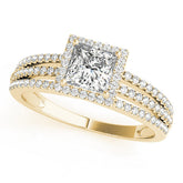 Yellow gold Princess Cut Halo Diamond Engagement Ring with Split Shank and Four-Prong Setting