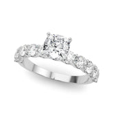 Silver Cushion Diamond Prong Setting with Side Stones on a Pave Band
