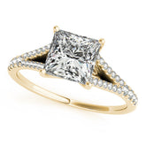 Yellow gold Princess Cut Split Shank Pave Engagement Ring with Four-Prong Setting