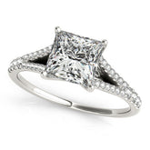 White gold Princess Cut Split Shank Pave Engagement Ring with Four-Prong Setting