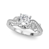 Silver Cushion Solitaire with Milgrain Pave Band and Four-Prong Setting