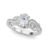 Silver Oval Solitaire with Milgrain Pave Band and Four-Prong Setting