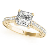 Yellow gold Princess Cut Pave Band Milgrain Solitaire Ring