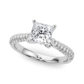 White gold Princess Solitaire Pavé Diamond Engagement Ring with Four-Prong Setting