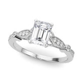 Silver Emerald Cut Diamond with Milgrain Marquise and Bezel Accents on a Solitaire Band with Prong Setting