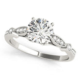 Silver Round Cut Diamond with Milgrain Marquise and Bezel Accents on a Solitaire Band with Prong Setting