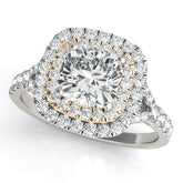 Yellow gold Cushion Cut Double Halo Pave Band Prong Setting Ring