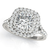 Platinum Heart Cut Double Halo Pave Band Prong Setting Ring