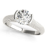White gold Round Solitaire Diamond Ring with Textured Band and Tension Prong Setting