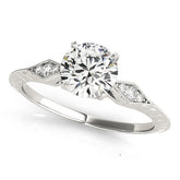 White gold Round Solitaire Diamond Ring with Milgrain Band and Four-Prong Setting