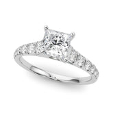 White gold Princess Cut Diamond Solitaire with Pave Band and Four-Prong Setting