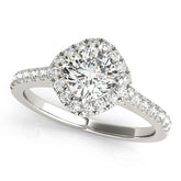 White gold Cushion Halo Diamond Engagement Ring with Pave Band and Four-Prong Setting