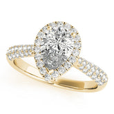 Yellow gold Pear Halo Diamond Ring with Pave Band and Prong Setting