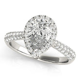 White gold Pear Halo Diamond Ring with Pave Band and Prong Setting