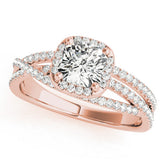 Rose gold Cushion Cut Halo Split Shank Diamond Ring with Four-Prong Setting