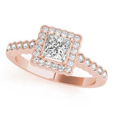 Rose gold Princess Cut Halo Pavé Solitaire Ring with Milgrain Band