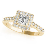 Yellow gold Princess Cut Halo Pavé Solitaire Ring with Milgrain Band