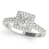 White gold Princess Cut Halo Pavé Solitaire Ring with Milgrain Band