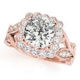 Rose gold Cushion Halo Diamond Ring with Vintage Split Shank and Four-Prong Setting