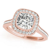 Rose gold Cushion Halo Diamond Engagement Ring with Pavé Band and Four-Prong Setting
