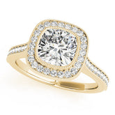 Yellow gold Cushion Halo Diamond Engagement Ring with Pavé Band and Four-Prong Setting