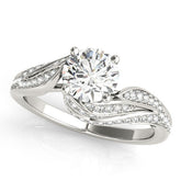 White gold Round Solitaire Twist Band with Pave Setting and Four-Prong Setting