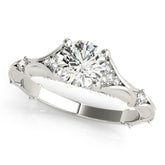 White gold Round Cut Solitaire Engagement Ring with Pave Band and Four-Prong Setting