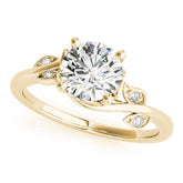 Yellow gold Round Solitaire Twist Engagement Ring with Leaf Accents and Prong Setting