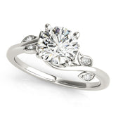 White gold Round Solitaire Twist Engagement Ring with Leaf Accents and Prong Setting