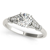 White gold Round Brilliant Solitaire with Pave Band and Four-Prong Setting