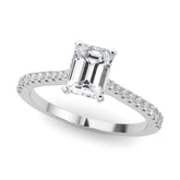 Silver Radiant Cut Solitaire Diamond Engagement Ring with Pave Band and Four-Prong Setting