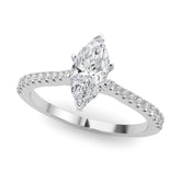 Silver Marquise Cut Solitaire Diamond Engagement Ring with Pave Band and Four-Prong Setting
