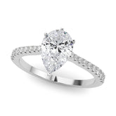 Silver Pear Cut Solitaire Diamond Engagement Ring with Pave Band and Four-Prong Setting