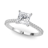 Silver Princess Cut Solitaire Diamond Engagement Ring with Pave Band and Four-Prong Setting