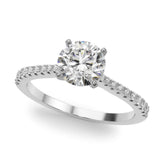 Silver Round Cut Solitaire Diamond Engagement Ring with Pave Band and Four-Prong Setting